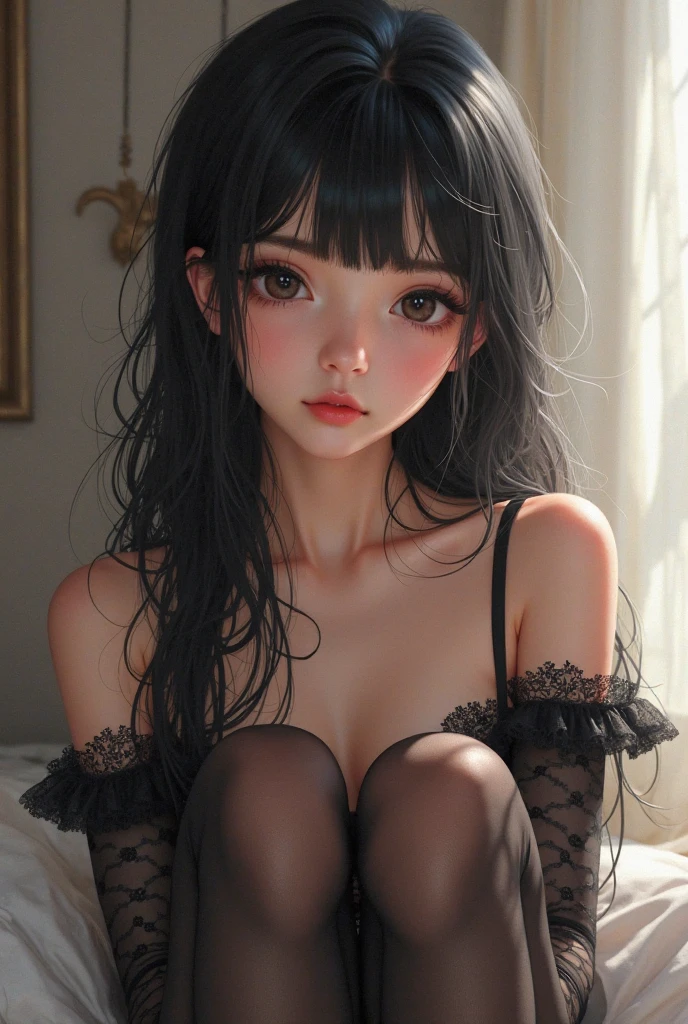 ((Highest quality)), ((2D)), (Small eyes), Perfect Face,,Beautiful Face,Slit eyes,Narrow eyes,bed,Small breasts,Thin arms,Skinny,Dark look,Black Hair,Lace Underwear,Thin legs,condom
