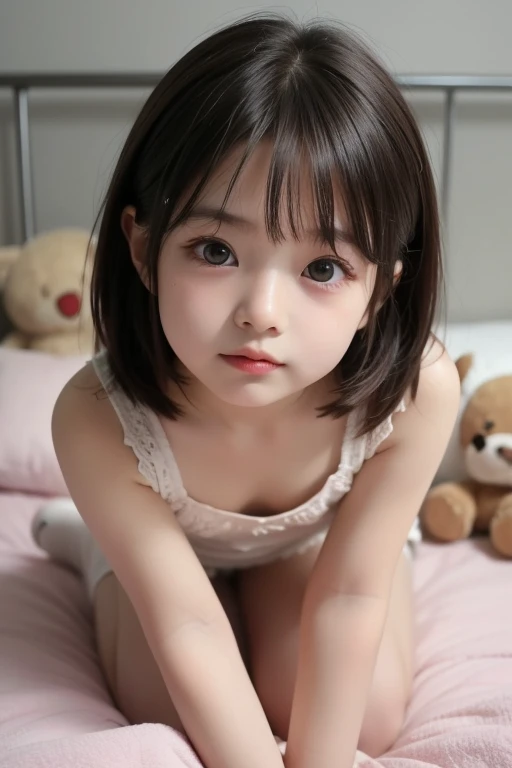 Japanese,Subjective、Beautiful girl at 6 years old:1.85,Baby Face:1.85、Ultra-flat chest:1.85、Ultra short height、M-shaped foot:1.85、Sleep on your back、An innocent smile,cute,Primary school students,フリルとリボンの付いたPrimary school students用ランジェリー:1.85、clavicle、Black Hair、Nipples are visible:1.85、On the crib:1.85、Childish、Missionary pose:1.85、Please spread your legs as far as possible