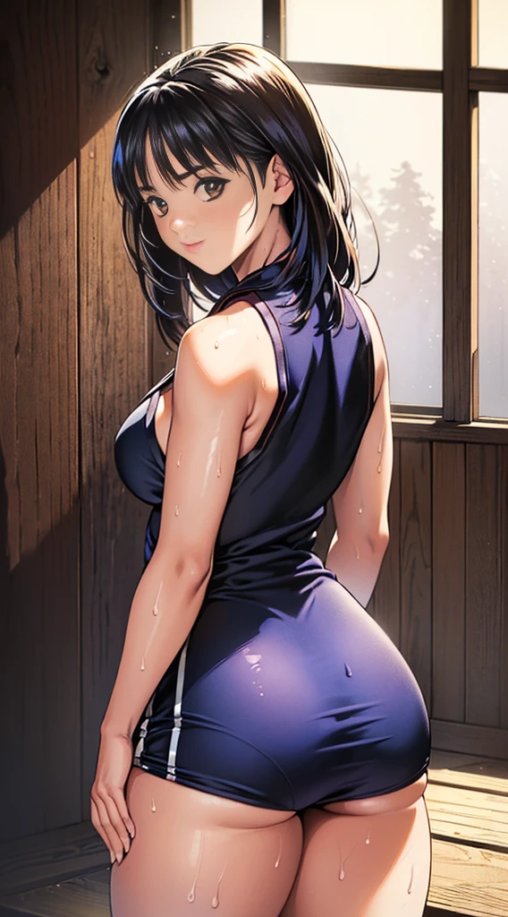 masterpiece, highly detailed, Best quality, ultra high res, 1girl, solo, (bent over), (small breasts), breasts, (oversized shirt and neckline open ), (hyuuga hanabi:1), (shorts | pants | miniskirt), cleavage, from front