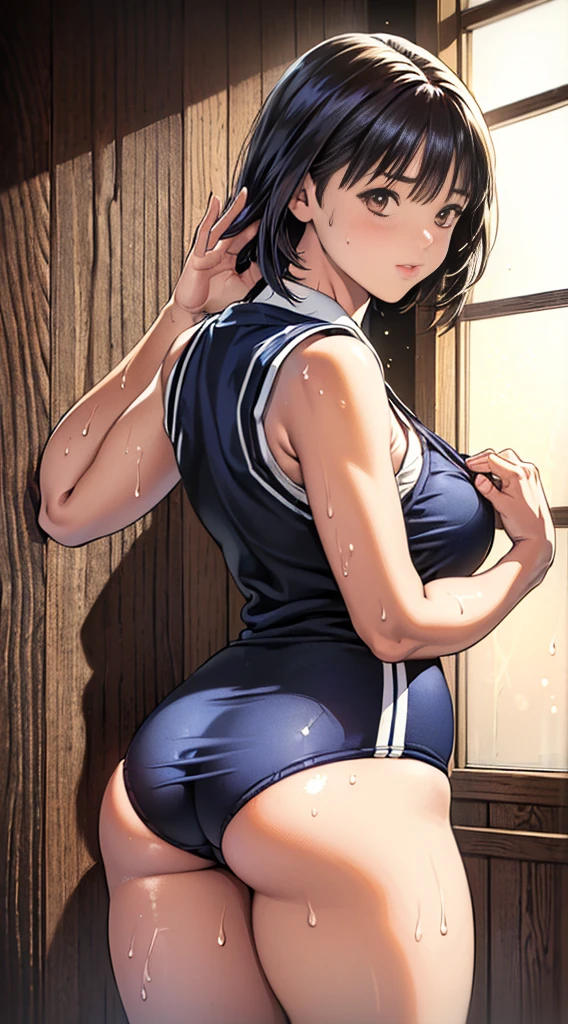 (large hips), [1girl, mejiro ramonu \(umamusume\), umamusume], back view, Highest quality, Super detailed, masterpiece, Ultra-high resolution, 8K, High Contrast, (Sailor uniform, micro mini skirt, light blue striped see-through panties, Sticky panties, cameltoe), (beautiful ass), (bare back, crop back), Sideboob, black stockings, (Thighs), (Curvy waist), Shower room, (from above)