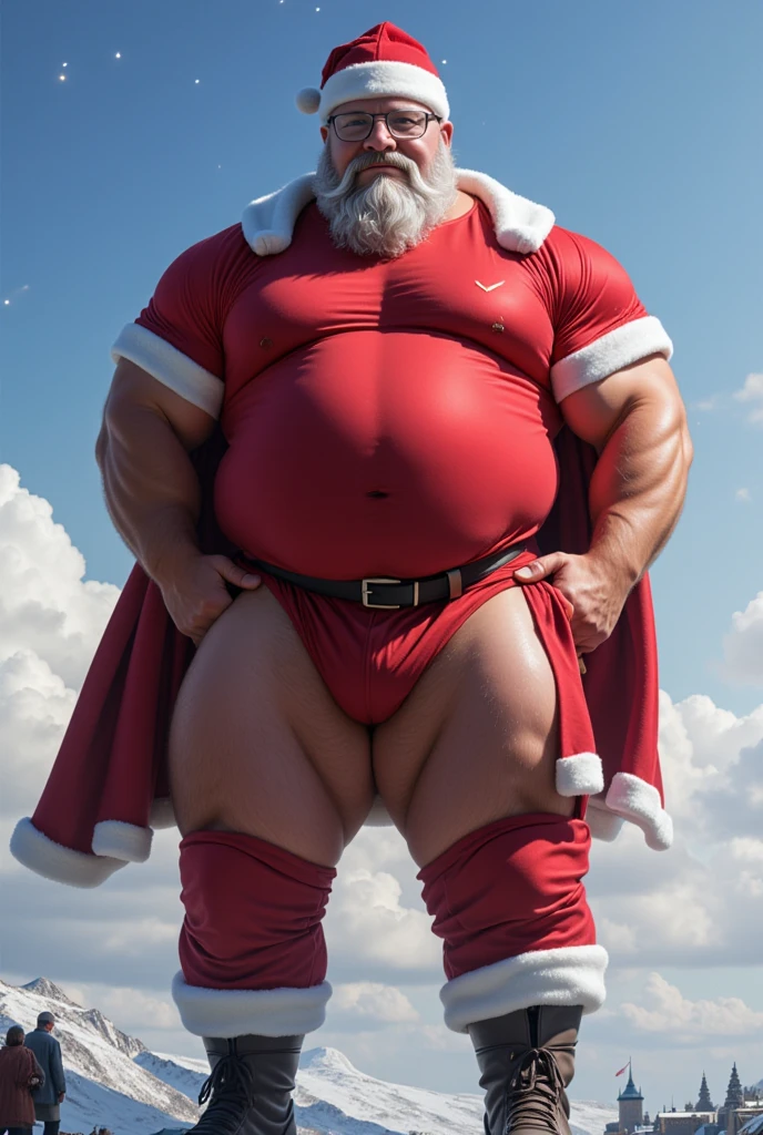 Arte realista detalhada de um santa Claus
masculino gordo, barriga enorme, belly large morbid plump elderly, , Obese Extremely thick thighs wearing only red swimming trunks red cap with hands Gesturing with hands holding testicle with hand, sensualizing with her hand in the crotch,
