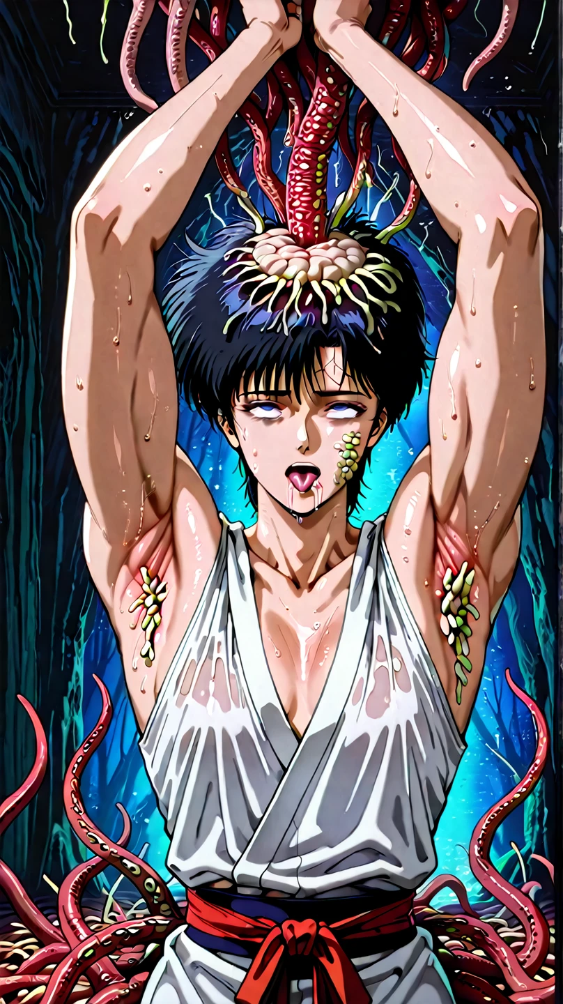 mature female, mature, Adult,((Himeno_CSM)), Himeno(Chainsaw Man), Eye patch, One Girl, solo, Grin, Villain, bad woman, chest, Black Hair, View your audience, short hair, Seductive smile, nsfw, (nude), A woman sits on a group of smooth tentacles, Open your arms, Raise the hand, Tentacle Background, Dark cave Background, Night, Purple neon, sweet, Steam, dripping, masterpiece, Top animation quality,Top image quality,cinematic feeling