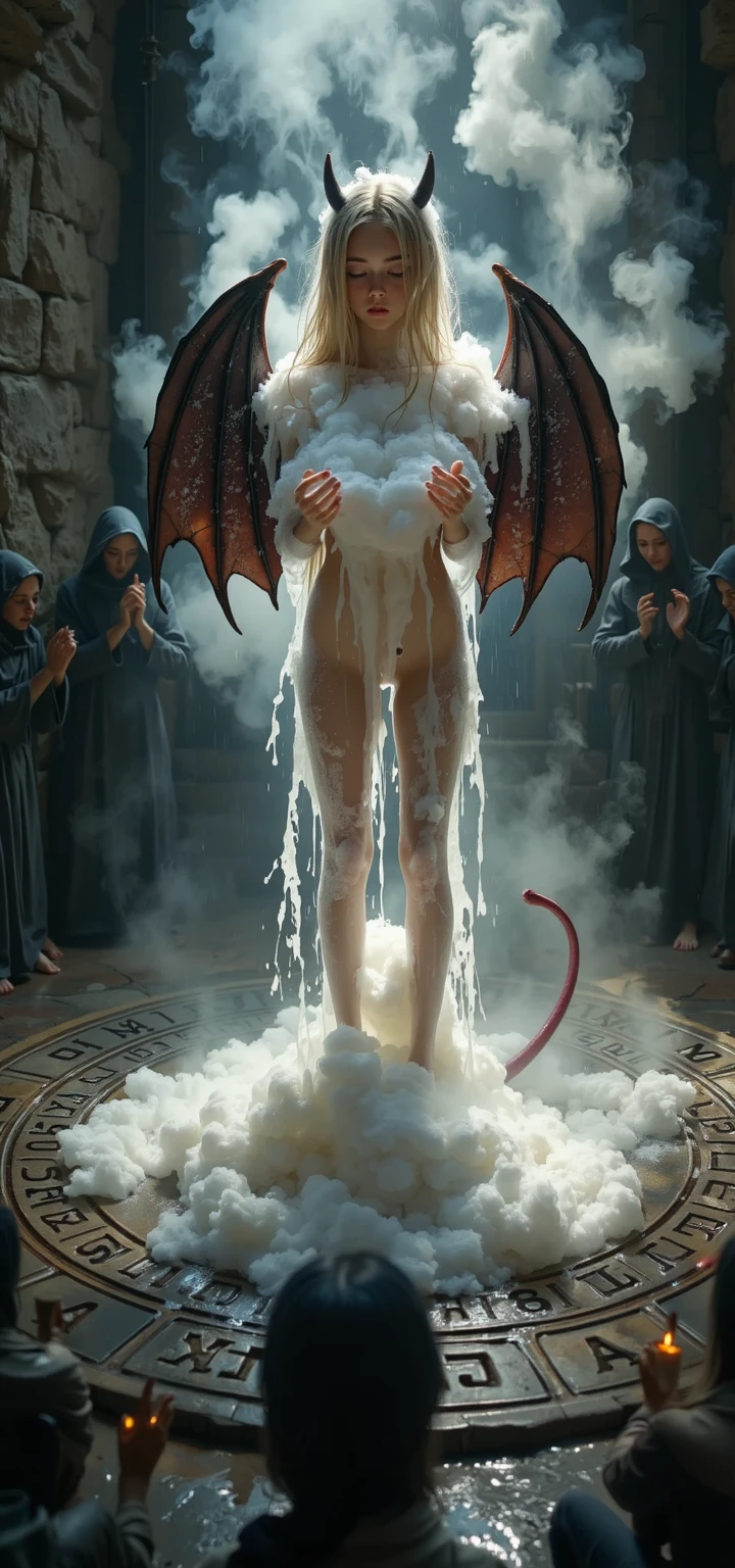 Naked giantess girl, he's peeing, devil wings, devil horn, red hair, lots of people, urban, slim body, tall, gigantic boobs, gigantic , pubic hair is very dense, was destroying the city, laughed evilly, full body, open legs, Stand up while opening your legs wide