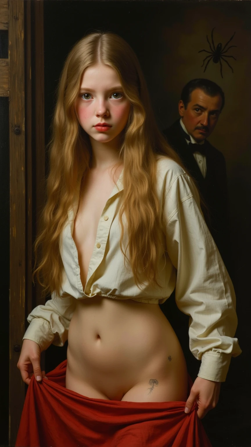 ????, 19th Century style,
Oil painting, 
painted by William Adolphe Bouguereau,
law light, dark,
?????????????, real textured skin,
Expressiveh, (realistic), OverallDetail,
dramatic scene,

19th century, 
(slums:0.5),
in a cheap tavern in 19th century Paris,
At dusk,
poor workers gather, 
girl standing, 

1girl, 
very cute girl,
(she is very young, low  girl:1.5),
(she is wearing red skirt and unbleached collared shirt), The girl's clothes are worn out and beggar-like dirty,
she is blond very long hair, 
beside her is a man speaking to her, 
indoor, 
the girl is facing viewer, 
She opened the front of her shirt with her own hands and exposed her ???????, 
She's a cheap whore, 
even a poor man can have her, 
(she smile:0.5),