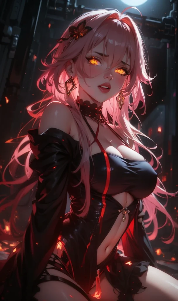 detailed illustration, of a mature female, aru_\(blue_archive\), pretty face, horns, sitting, crossed legs, halo, pink hair, long hair, dress, red dress, gigantic breasts, orange eyes, bangs, yellow eyes, bare shoulders, strapless, emotionless expression, indoors, busy nightclub, cinematic lighting, hires, volumetric lighting, masterpiece, <lora:add_detail:0.5> <lora:hairdetailer:0.5> <lora:arusd15:0.8>