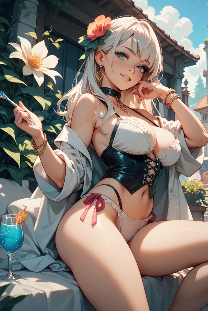 solo female, white hair, bangs, braided ponytail, orange eyes, beautifu, serious, big cleavage breasts, dragonscale leather, long boots, thighhighs, thick thighs, short shorts, revealing clothes, ruby earring, skin dentation, small waist, wide hips, muscular, fantasy clothes, relaxing, sakura blossom,