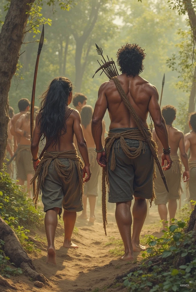 Muscular primitive man and woman running out of a cave head on.
 He with a kettlebell in his hand and she with a dumbbell in her hand