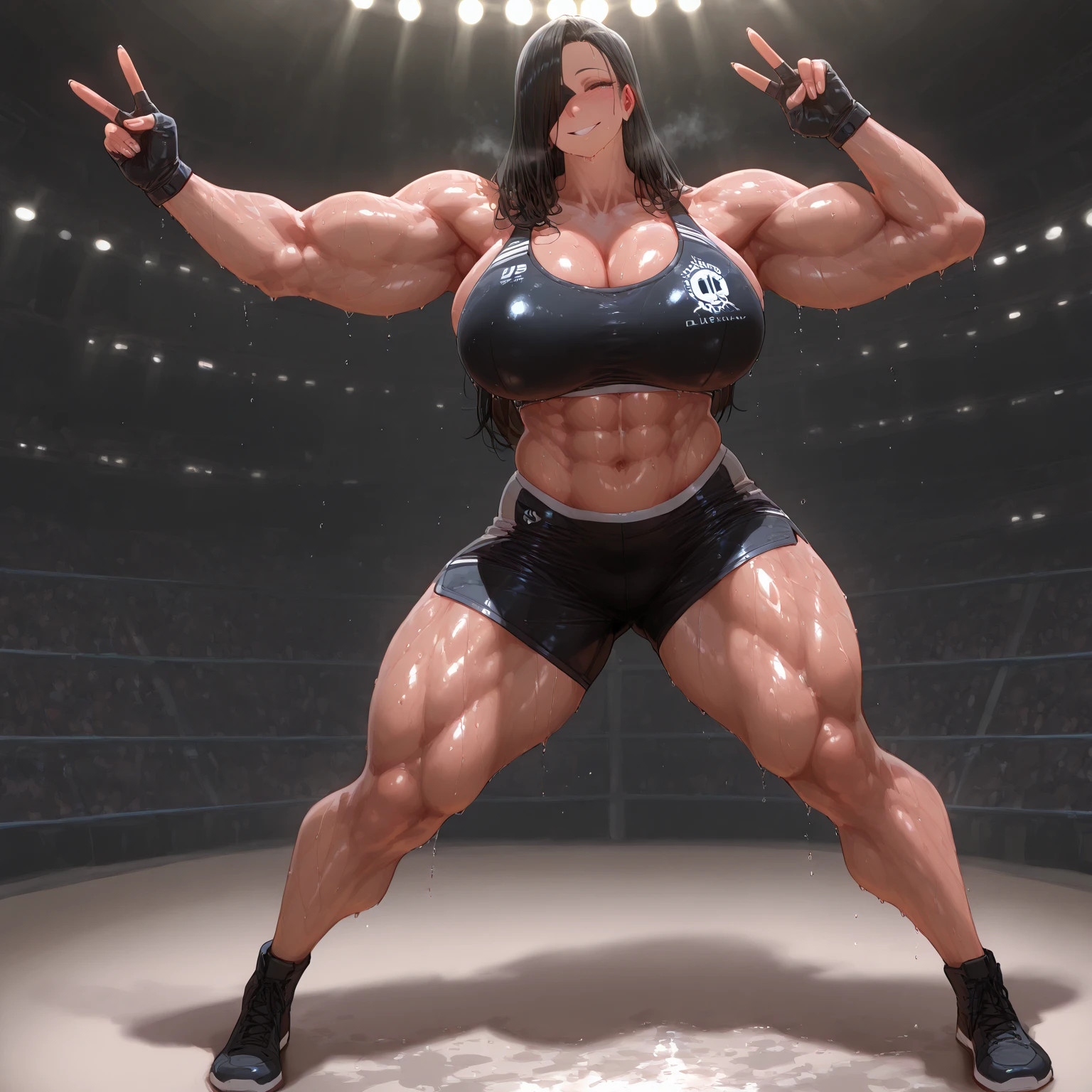 (((Close-up))), tall, (royal blue hair) beautiful muscular woman, long curly wavy hair, pale white skinned, large breast, closed smile, (black lipstick), (massive muscles), (hyper muscle), (((ginormous bulky muscles))), white eyes, (((royal blue tennis top))), (((long black pleated skirt))), (thigh high socks), choker, (holding tennis racket), sneakers, in a tennis court, 