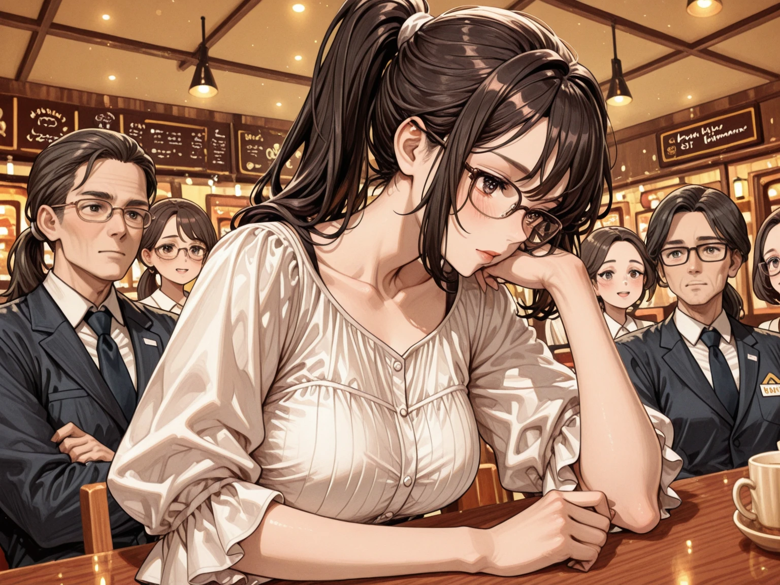 intricate detailed portrait of 4 friends celebrating in a tavern, highly detailed faces, beautiful detailed eyes, beautiful detailed lips, extremely detailed faces and expressions, elegant clothing, warm lighting, tavern interior, wooden furniture, glasses of beer, candles, cozy atmosphere, photorealistic, 8K, award winning digital art, cinematic lighting, vibrant colors
