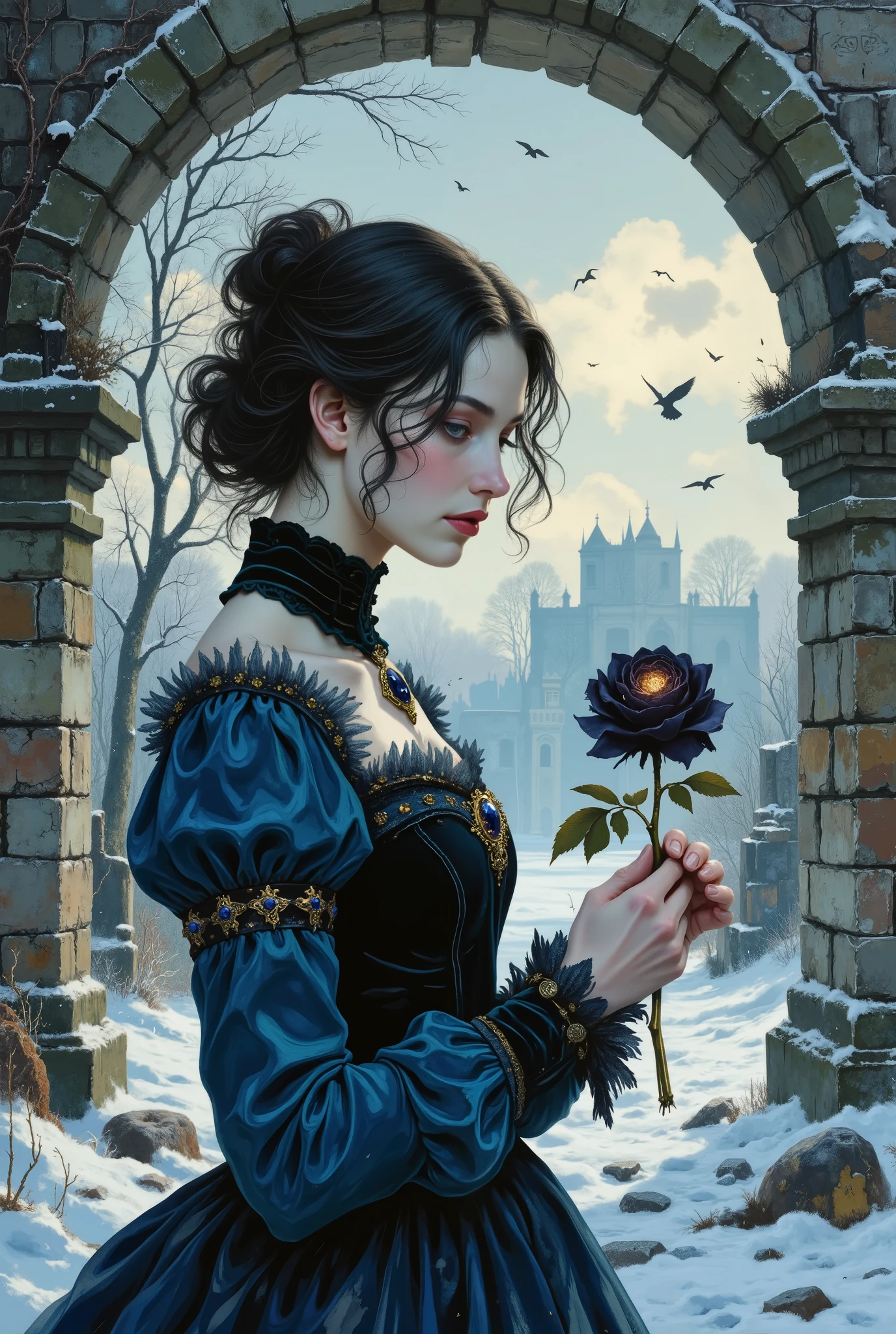 A young woman with black hair blown up in a gust of icy wind stood half-turned under the massive stone arch of a ruined estate, shackled by eternal cold. The arch is covered with frost and tenacious ivy. One of her hands is slightly raised, her fingers are clutching a withered black rose, the petals of which are falling down, mixing with the snow.On the ground at her feet is a broken antique lantern. Her black curls, some of which are gathered into an elegant half-loose chignon, frame her face with sharp, almost sculptural features.Her face is like a porcelain mask illuminated by cold light: high cheekbones honed by shadow, a nose with a barely noticeable bump, giving the profile a proud severity. The lips are slightly parted, as if frozen in mid—sentence, their dark wine shade contrasts with the deathly pallor of the skin.Wide, almond-shaped eyes framed by thick eyelashes, they burn with icy fire. The iris is a deep blue color, with golden sparks around the pupils. The look is intense, but fatigue lurks in the corners of the eyes. She is wearing a flowing dress in dusky blue tones. The fabric is heavy and flows in folds, emphasizing her fragile figure. A high velvet collar trimmed with silver embroidery frames her neck, and long sleeves, narrow at the wrists, are decorated with tarnished metal clasps. On her chest is a brooch in the form of a black crystal, shimmering like a frozen tear.There are misty ruins behind her, and in the distance, among the bare, twisted trees, a flock of ravens soars into the sky, leaving trails in the air like billowing smoke. Snow is falling. The light breaking through the clouds envelops her silhouette in a cold glow, snatching her face out of the darkness, creating a theatrical contrast. Colors: Deep midnight blue, funereal velvet, moonlight silver, icy blue, ashen black, deathly pale. Mood: Gothic elegance, romantic sorrow, eternal winter, ghostly beauty. Style: Cinematic drama, detailed elaboration.