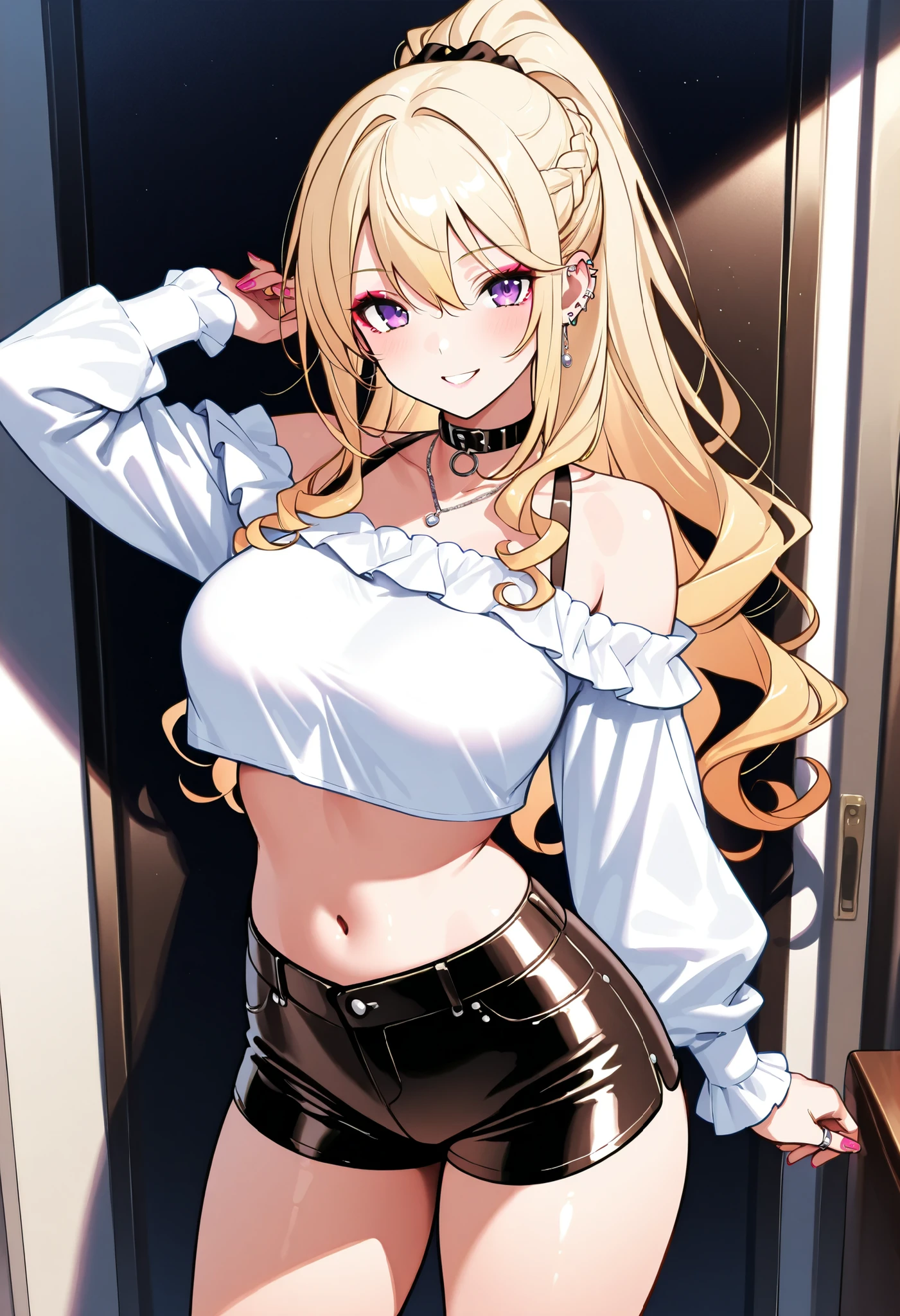 (highest quality, High resolution, perfect pixel, Depth of bounds written, 4K), upper body, (chair), (looking up), (detailed eyes), (1 lady), tall, (skinny body:1.2), (thin thighs:1.2), (Narrow hips:1.2), (black tube tops:1.4), bellybutton, sleeveless, middle breasts, (blond hair), (ponytail:1.2), (standing:1.2), (denim mini skirt:1.3), (panty strap:1.2), (hand on hip and behind head:1.2), contrapposto, leaning forward, (seductive smile), one eye closed, 
