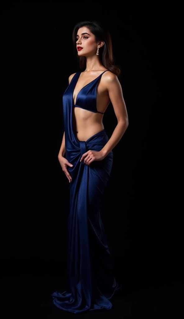 Beautiful Italian female supermodel with dark blue hair in sexy attire with light colored background