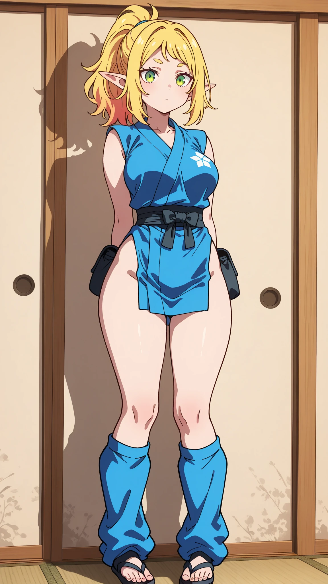 masterpiece, best quality, highres, 1girl, solo, superhero, leotard, blue and white leotard, bare legs, brown hair, short hair, brown eyes, hairband, medium hair, ribbon, boots, matching boots, blue boots, medium breasts, cowboy shot, standing, smile, city backdrop, haruhi suzumiya, kyoani haruhi style, sleeveless,