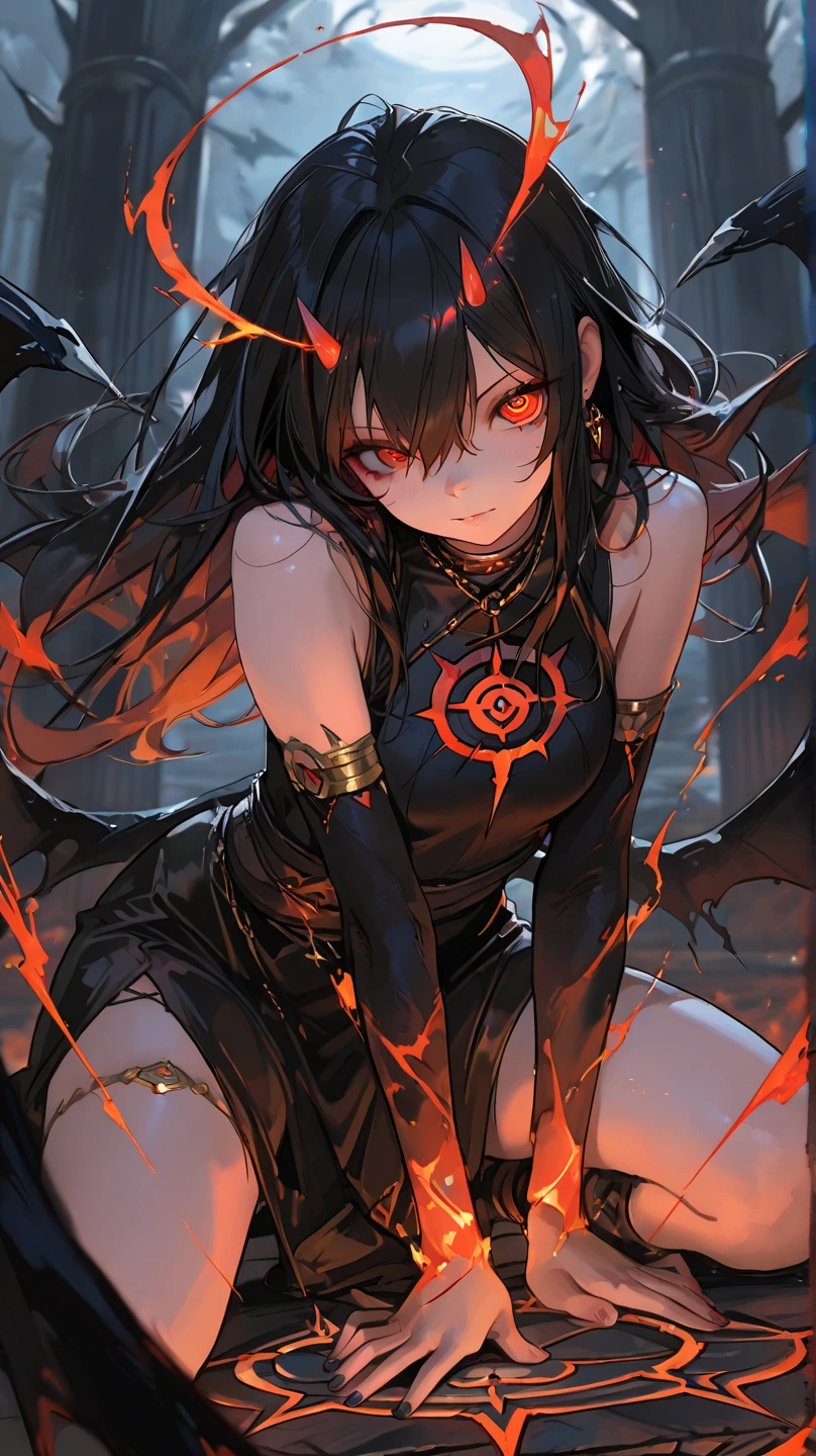 a drawing of a anime-style video game character, in the fantasy genre, 1girl, animal ears, black hair, solo, red hair, multicolored hair, breasts, red eyes, long hair, looking at viewer, tail