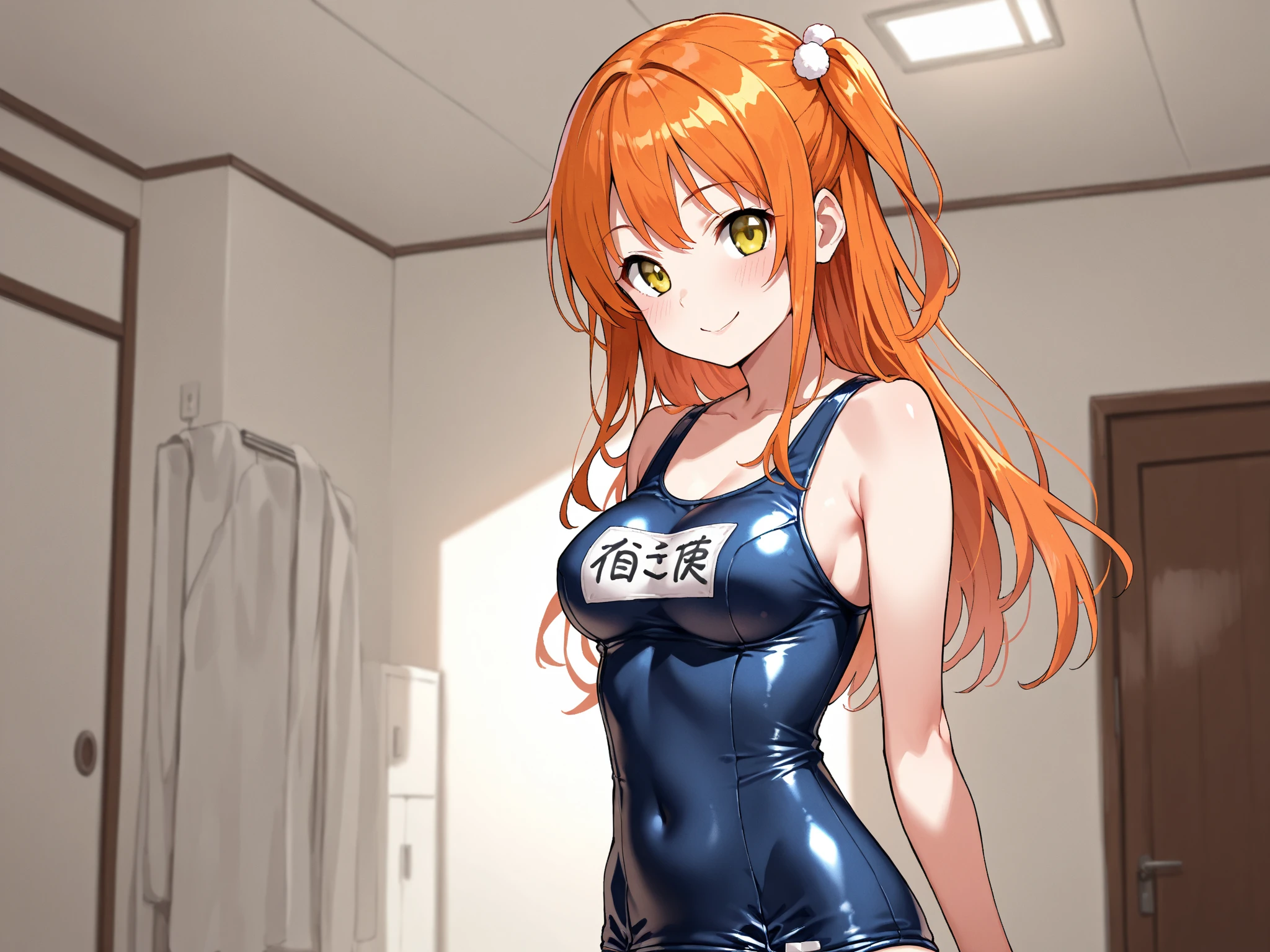 1 girl, (solo:1.2), tall girl, long orange hair, straight hair ,orange eyes, (high school student), (17 years old), (Full Breasts), (thighs), High Height,masterpiece, high resolution, shiny, full body, beautiful,A cute smile that makes the viewer happy, highly detailed beautiful face and eyes,looking at viewer, (school swimsuit:1.2),