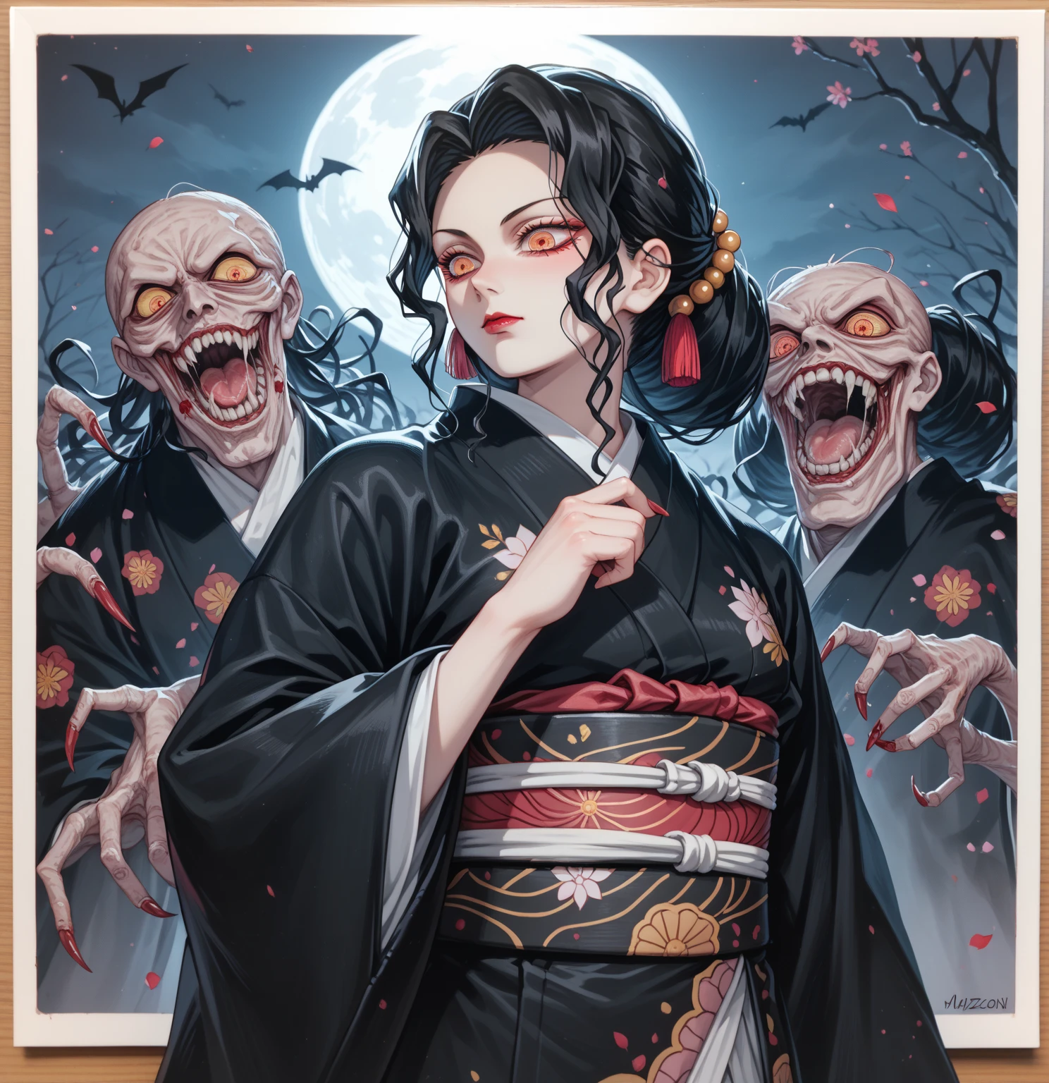 Qing Dynasty Zombie Portraits,Black hat,There is a rune on the forehead,Stand collar robe,Japanese horror style Japanese pop surrealism, author:Yukika Kosaka, Nguyen Gia and Joao Nguyen,