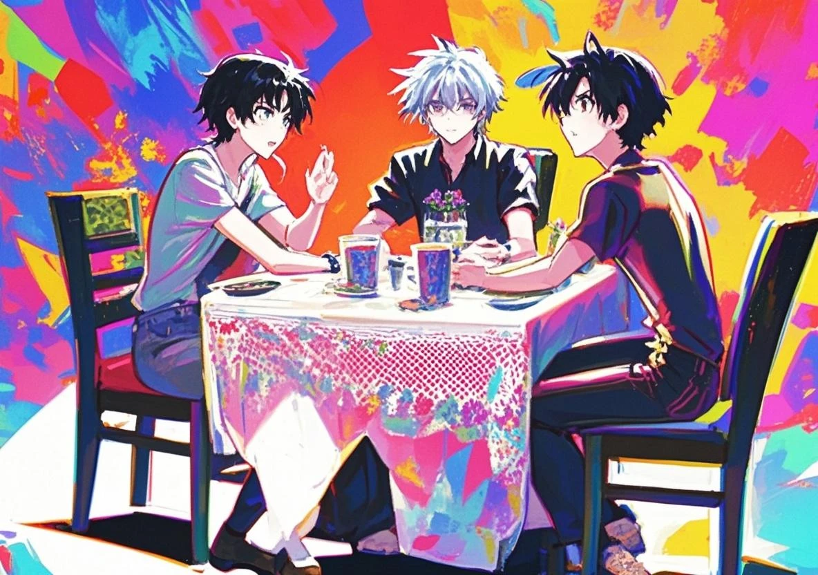 There are three young men, the first has black hair and orange eyes, the second has white hair and red eyes, the third has black hair and red eyes, and the three of them are eating. The background is that they are in a restaurant and with them is a daughter. The first has blue hair and blue eyes, and the second has black hair and brown eyes.