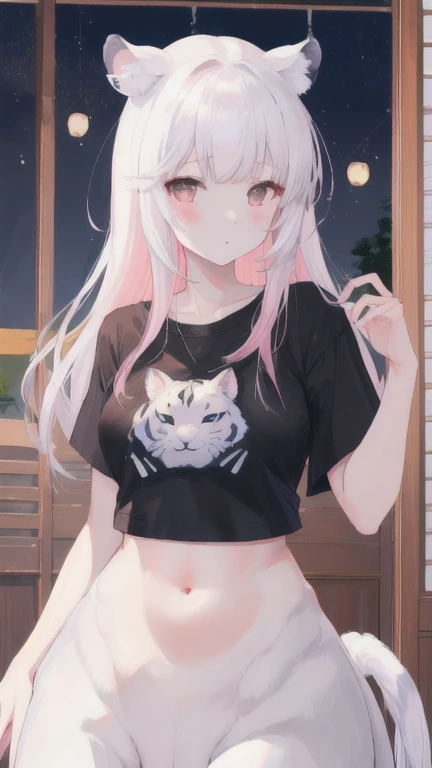 (best quality, masterpiece), 1 girl, centaur, It takes, White skin, Korean , daughter, house, studying,black pink,Smiling, exposing the abdomen, belly button t-shirt , 아름다운 소녀 perfect white tiger photo, perfect white tiger photo