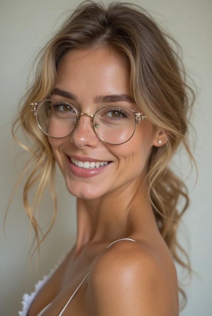 model, fashion outfit, total body, spring flower, blonde hair, ponytail, light smile, UHD, textured skin, eyeglasses