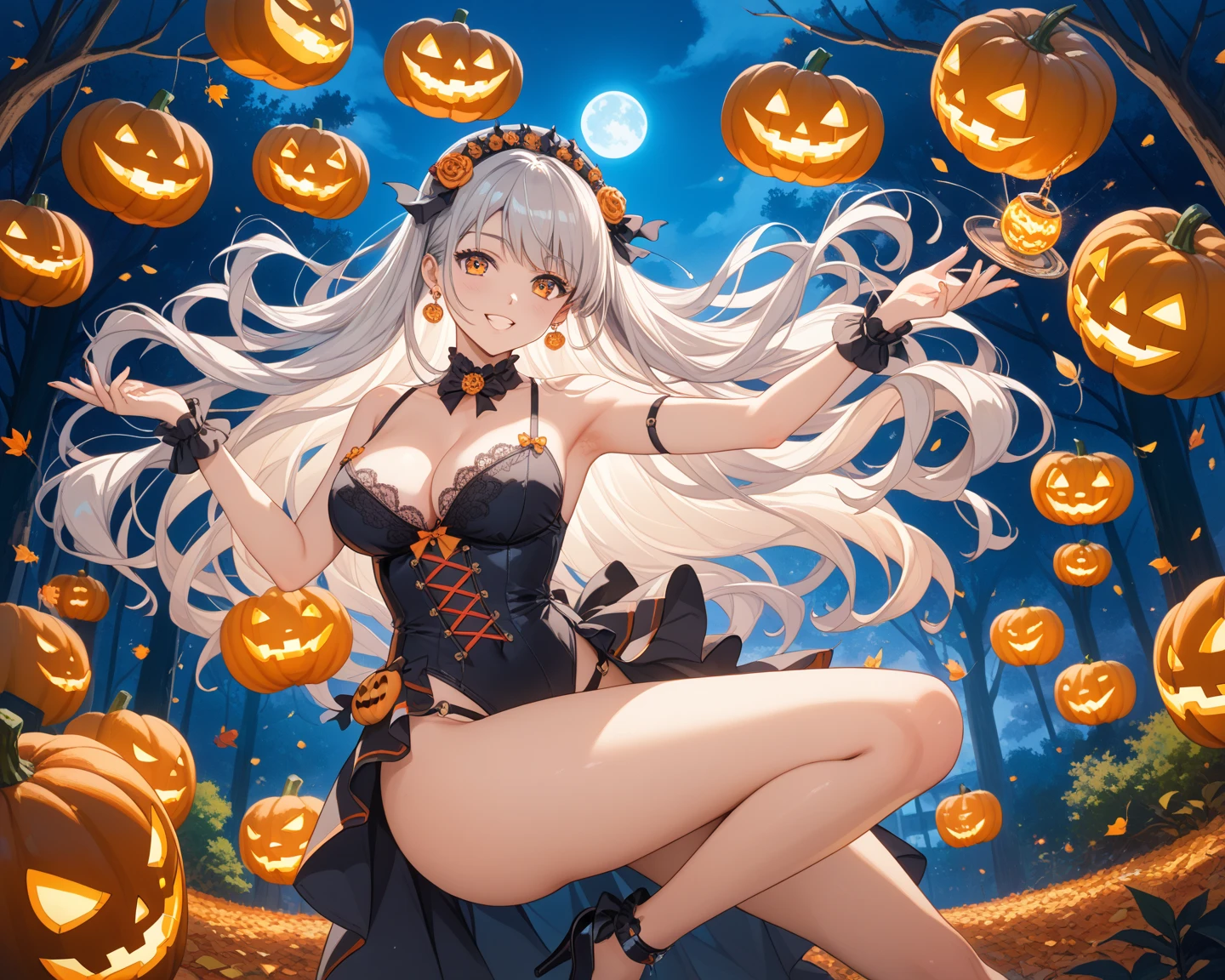 A witch with large breasts casting a spell in the forest. Lost of fairies and spirits around her watching the magic rise up. Pumpkins and mushrooms in the forest, spiders, spiderwebs, halloween, full moon, magic, wicca, masterpiece, best quality, dramatic lighting