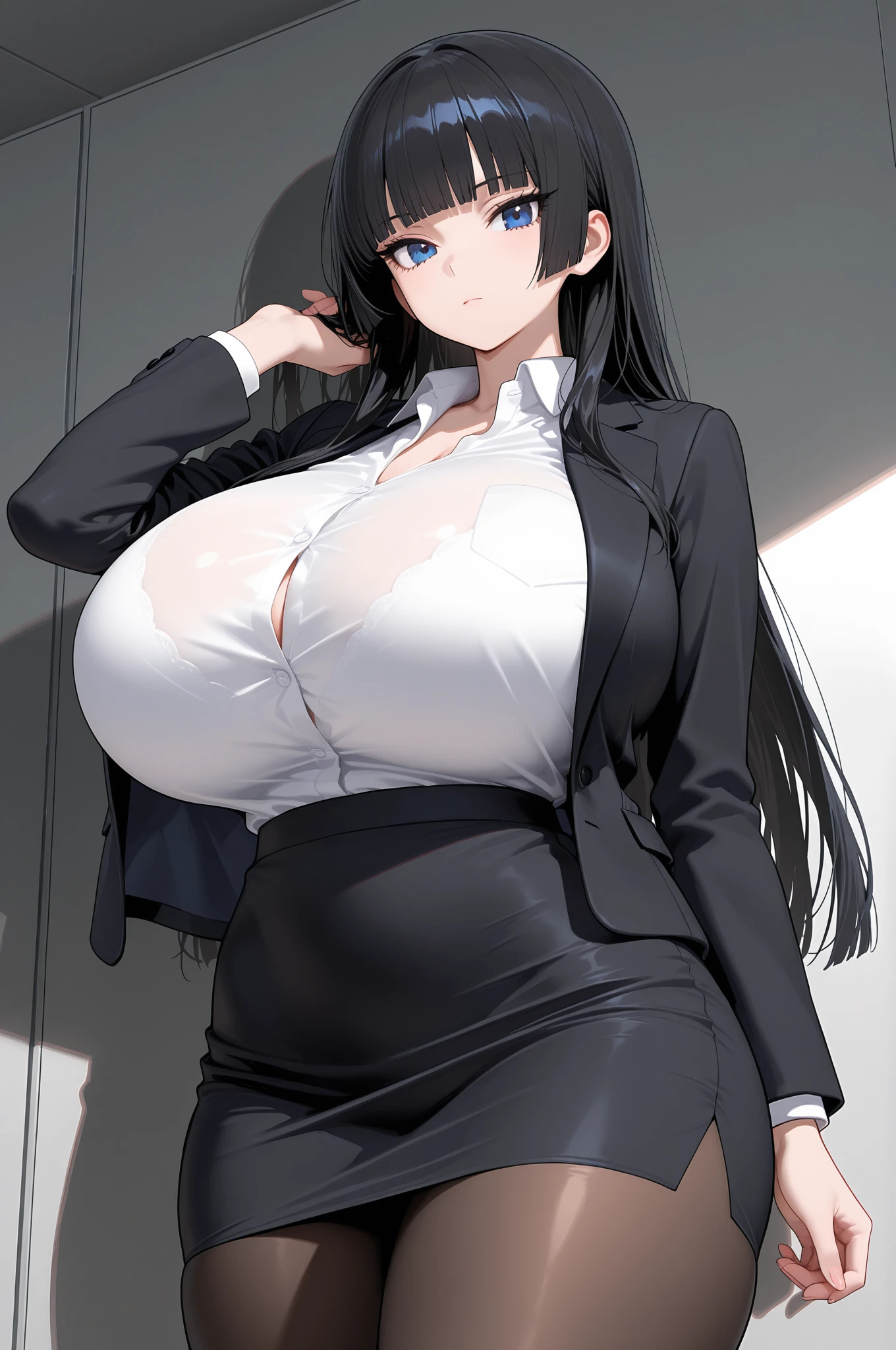 black hair, black colored dress, white eyes, gigantic breasts, cleavage, bare legs, smiling