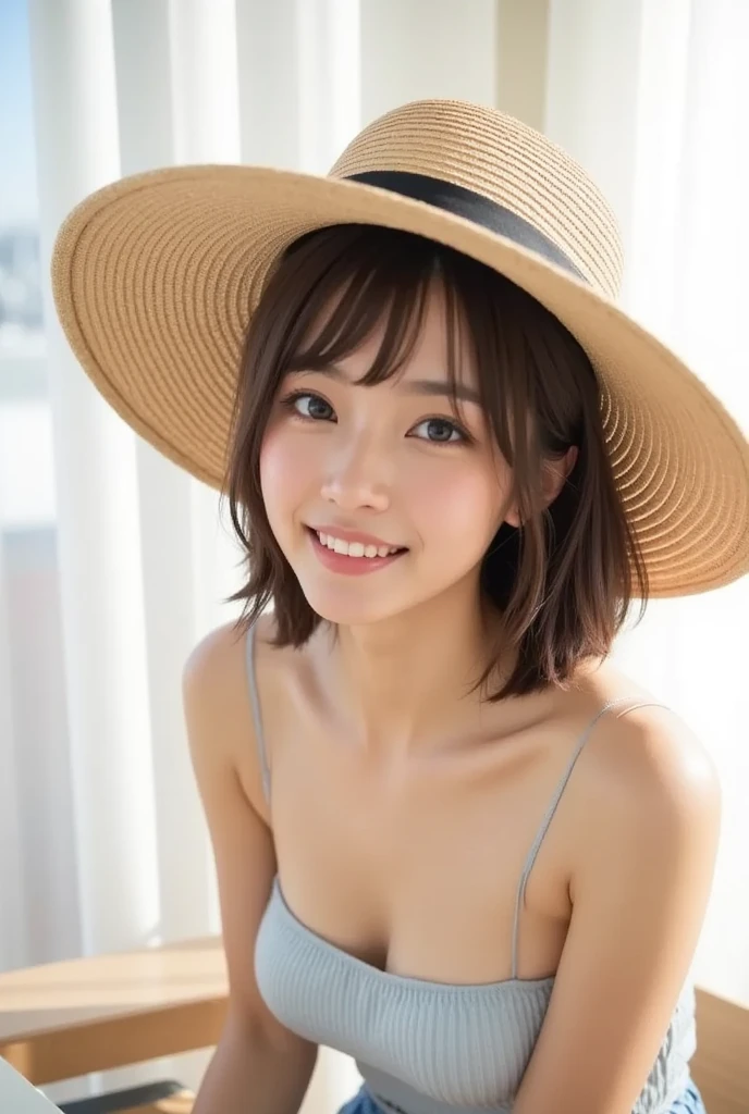 master piece , best quality , woman , bowler hat , bangs , smile , outdoor, extra short hair, sidelocks-hair、all nude
