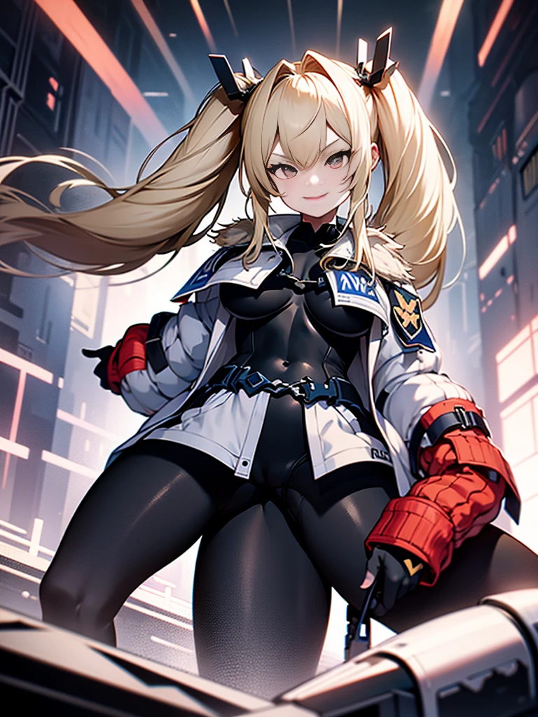 (One girl) Stand on the man, Man head between the thighs,(((Sports competition))), Twin tails,Colossal breasts in a white jacket, Thick thighs, Wicked Smile, (Pale skin), (((View from below))), Black bodysuit