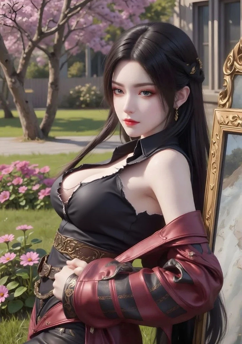a beautiful woman, detailed facial features, long black hair, wearing a sheer maroon kurta with black embroidery, curvy figure, medium chest with cleavage, standing in front of a window with natural light, goddess-like, (best quality,4k,8k,highres,masterpiece:1.2),ultra-detailed,(realistic,photorealistic,photo-realistic:1.37),HDR,UHD,studio lighting,ultra-fine painting,sharp focus,physically-based rendering,extreme detail description,professional,vivid colors,bokeh,portrait