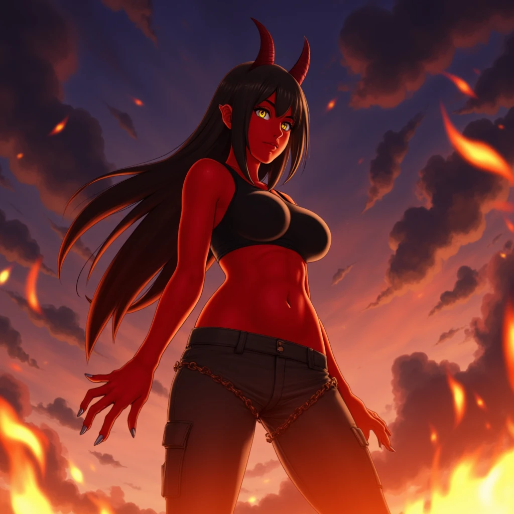1girl,adult,fit,30s,sensual,black langerie,cleavage,medusa hair,pointy ears,black hair,long hair,(((red skin,colored skin))),night,moon,flying,evil smile,dynamic pose, horns,bare feets