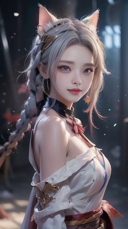 An Idol k-pop girl, cute girl, sexy girl, white braid hair, intricate face details, detailed face, golden ratio face, big breast, big butt, big hip, big thighs, full body, 64K, UHD, HDR, high quality, high detailed, hyper detailed, extremely detailed, photo realistic, ultra realistic, art photo, clarify the details, detailed parts body, intricate artwork masterpiece, trending on artstation
