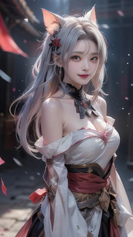 1women, ibaraki kasenx, tabard, naked tabard, sideboob, pink rose, floral pattern, delicate face, deep pink eyes, light smile, mature female, large breasts, moonlit sky