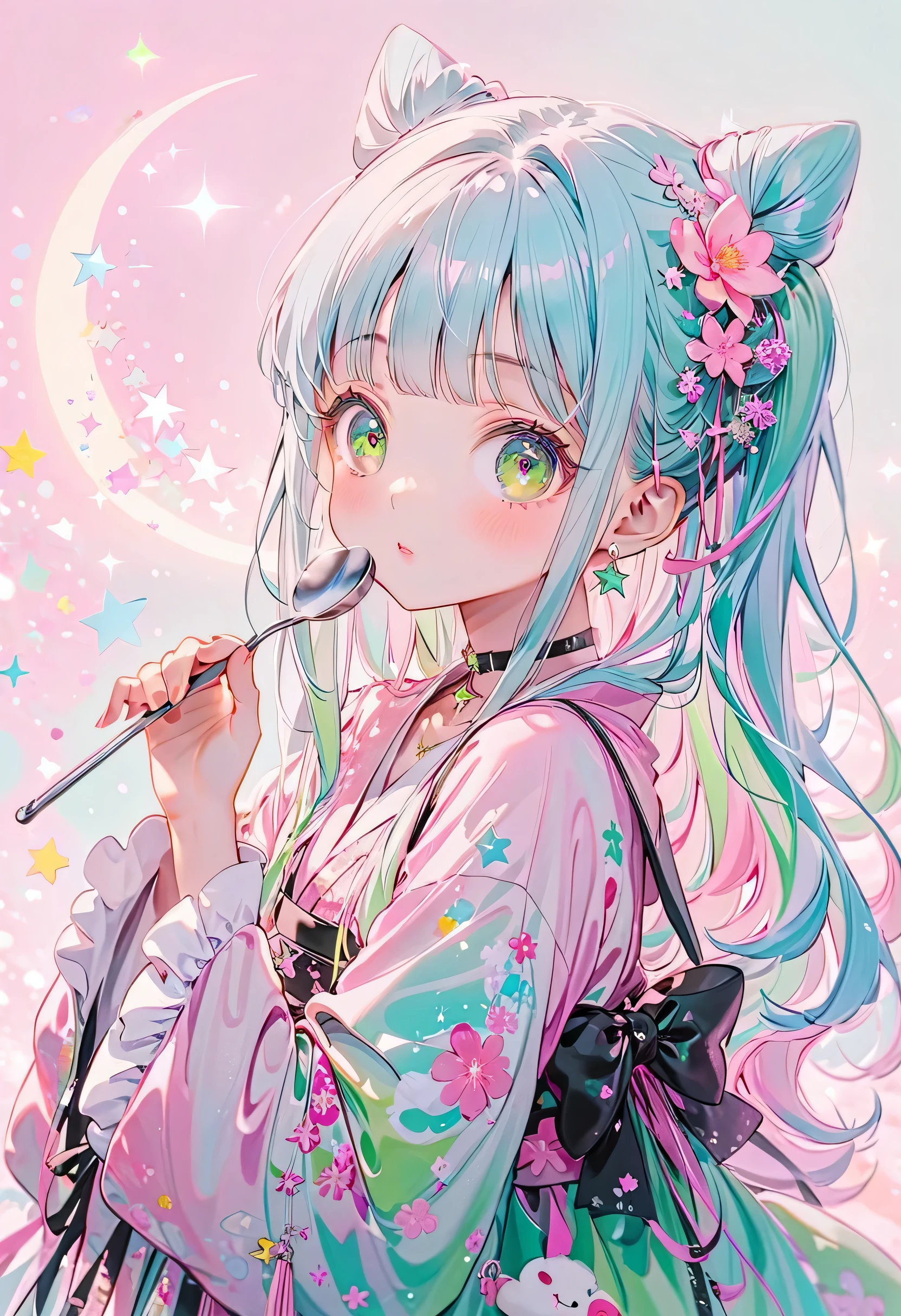 face in front of the viewer、cute young girl with thin shoulders, (big eyes), best details, cute face, playful expression, Beautiful Looking Human Girl, through bangs, ((Shiny Light Blue Hair)) ,((Unique cute long hair)), ((two-tone color with milky white and light blue hair)),Attention to Details,((pastel pink and pastel green color palette)), ((neonカラー)), (( Star Choker )), ((襟に frills)), ((wear a colorful and cute gothic lolita kimono costume)), (( shoulders sticking out of the ladle, long wide cuffs、袖口にfrills)), ((fashion pattern that feels like space)), (( Star Fairy)), ((Wear a colorful and cute gothic kimono costume)), ((with your hands on your back)), ((hands are not shown)),ribbon, frills, World's Cutest Girl, star background, best details , 虹とribbonの髪飾り, Vtuber character design, neon, Shine, sparkle, Flower, sitting on top of the crescent、