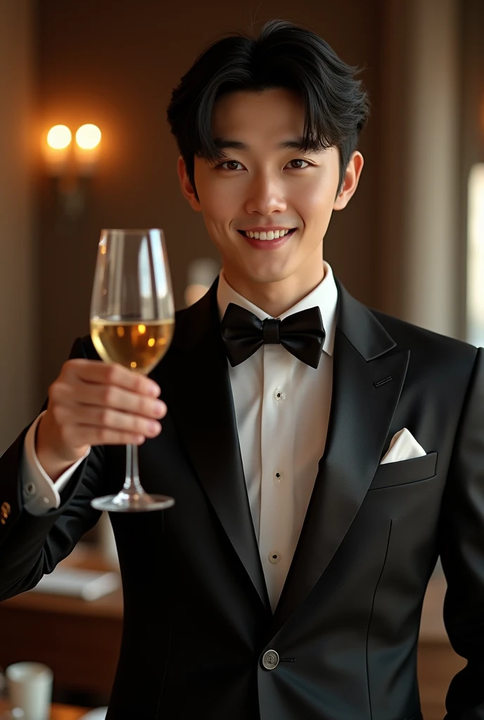 best quality, Masterpiece, High resolution, HD, super sharp face sitting , surreal, beauty, handsome guy without beard, rich asian couple, 22 years old, stately and stylish, high end designer clothes with flower pins, smile, talent, at dinner, dance a part de two