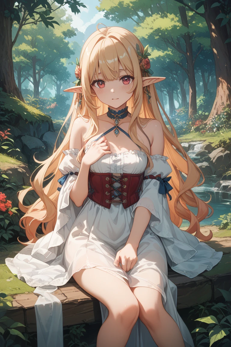 best quality、Highest image quality、Super beautiful elf beauty((22-year-old OL with big bust、Bust 90,Beautiful long permed hair、Blonde、Slender、beautiful tiara、high quality、Elf ears、Happy smile、myth、Sexy的、extremely good、Mysterious Forest、in the woods、super high quality, Super detailed, Ultra-clear, forest, one person, long blonde hair, sleep, Swimsuit, dress, dress, Bathrobe, mini skirt, Stockings, Sexy,