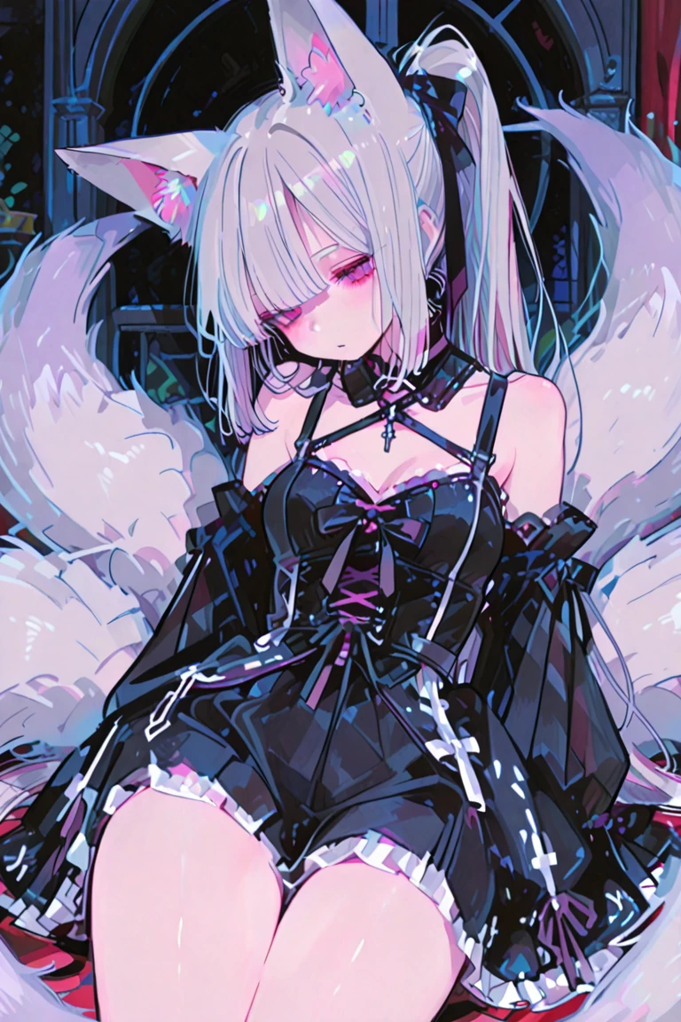 1 girl, big, succubus, black feathers, troubled expression, long pink hair, pale skin, heart-shaped light blue eyes, fangs, white cat ears, cage, chain --auto --s2