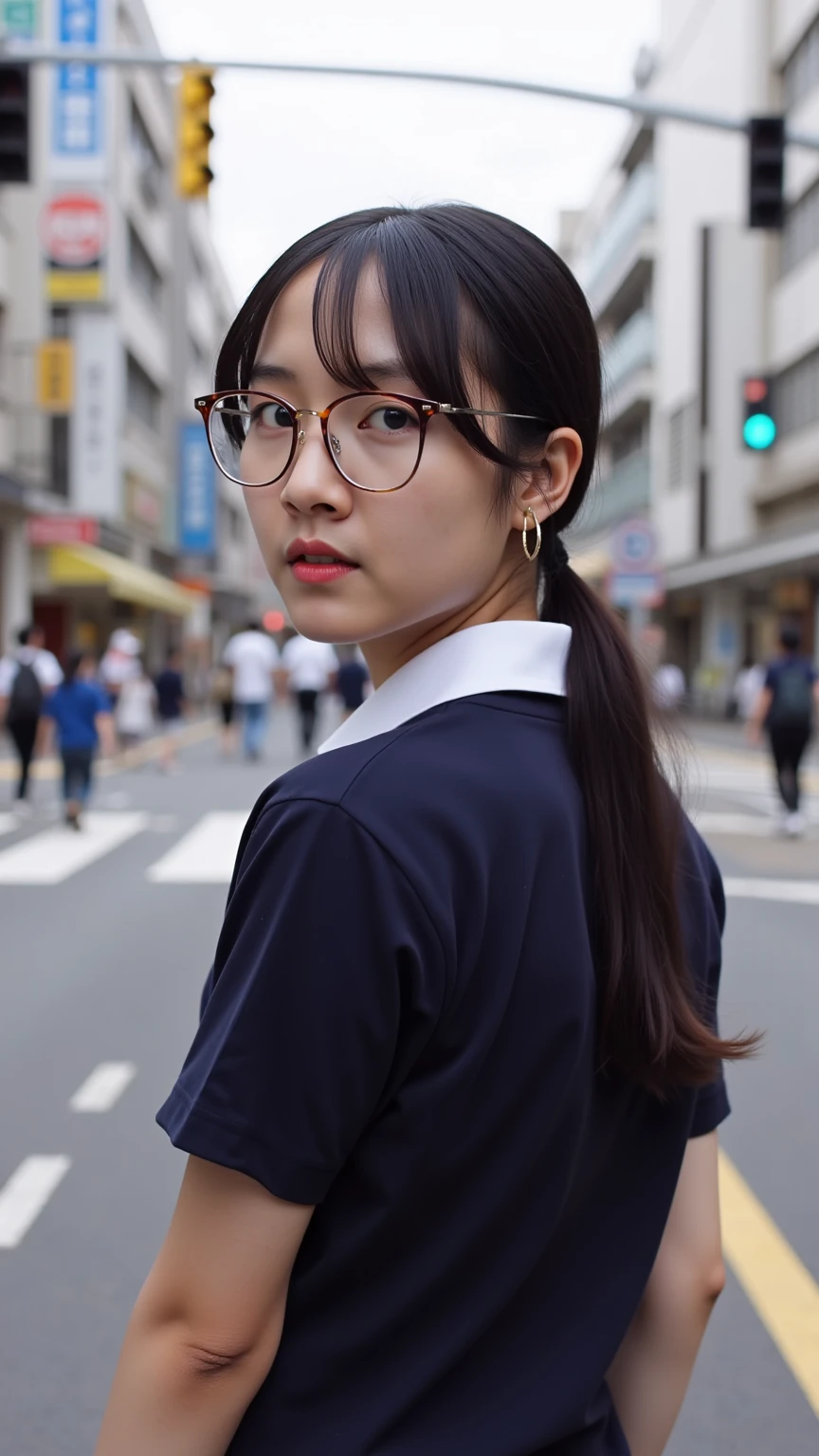 Photo of a beautiful woman standing on a street corner, (masterpiece:1.2, highest quality), (Realistic, photoRealistic:1.4), Beautiful illustrations, (Natural Side Lighting, Cinema Lighting), Written boundary depth, Beautiful thighs staring at the viewer, (((Face Focus, Upper Body))), 1 female, 30-year-old, alone, thin, slender, small breasts!!!, short hair, straight hair, Forehead, thin, slender, (((glasses))), long sleeve T-shirt, Skinny skirt, Are standing, New York 25th Street, portrait
