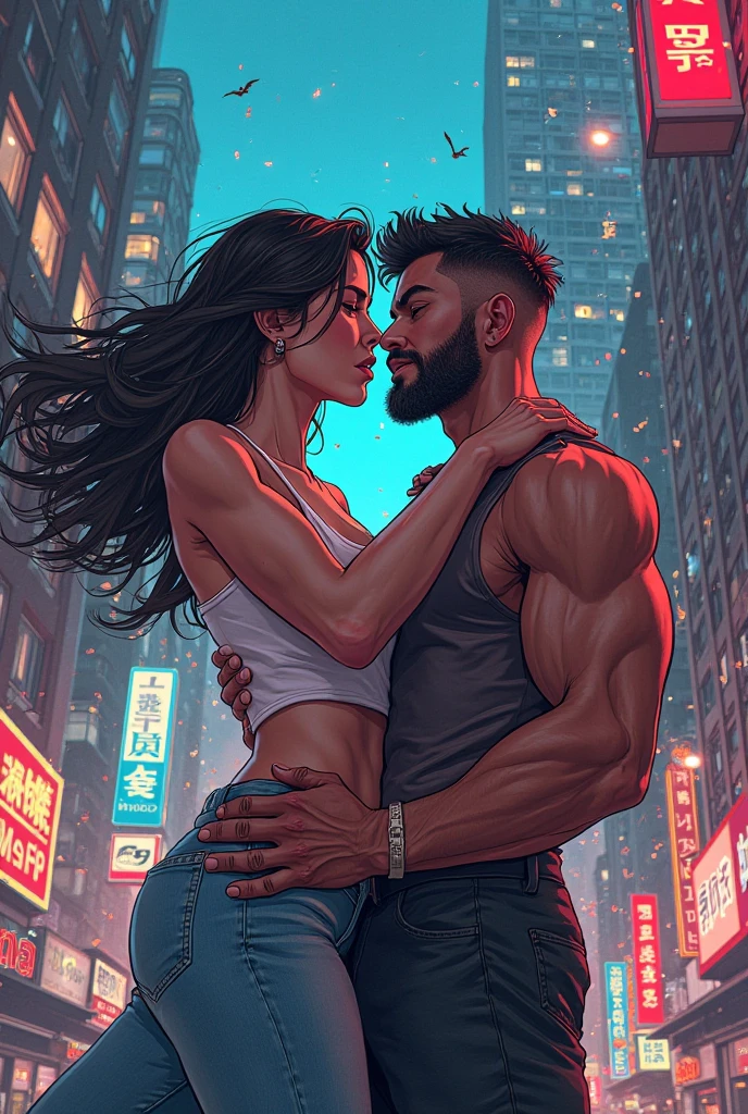 A big neon sign that says "Miguel ama a Michelle" and in front of the neon sign a male ogre, bald, with a beautiful black hair, very dark skin, human, holding her, kissing each other