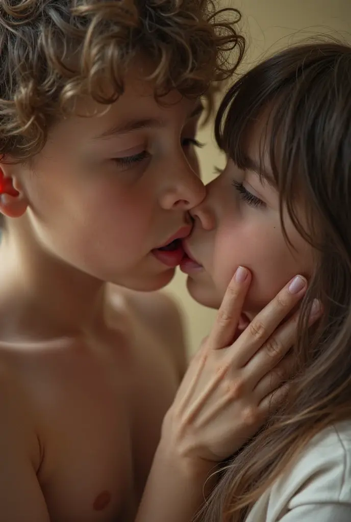 A boy kiss to a hot nude woman's breasts