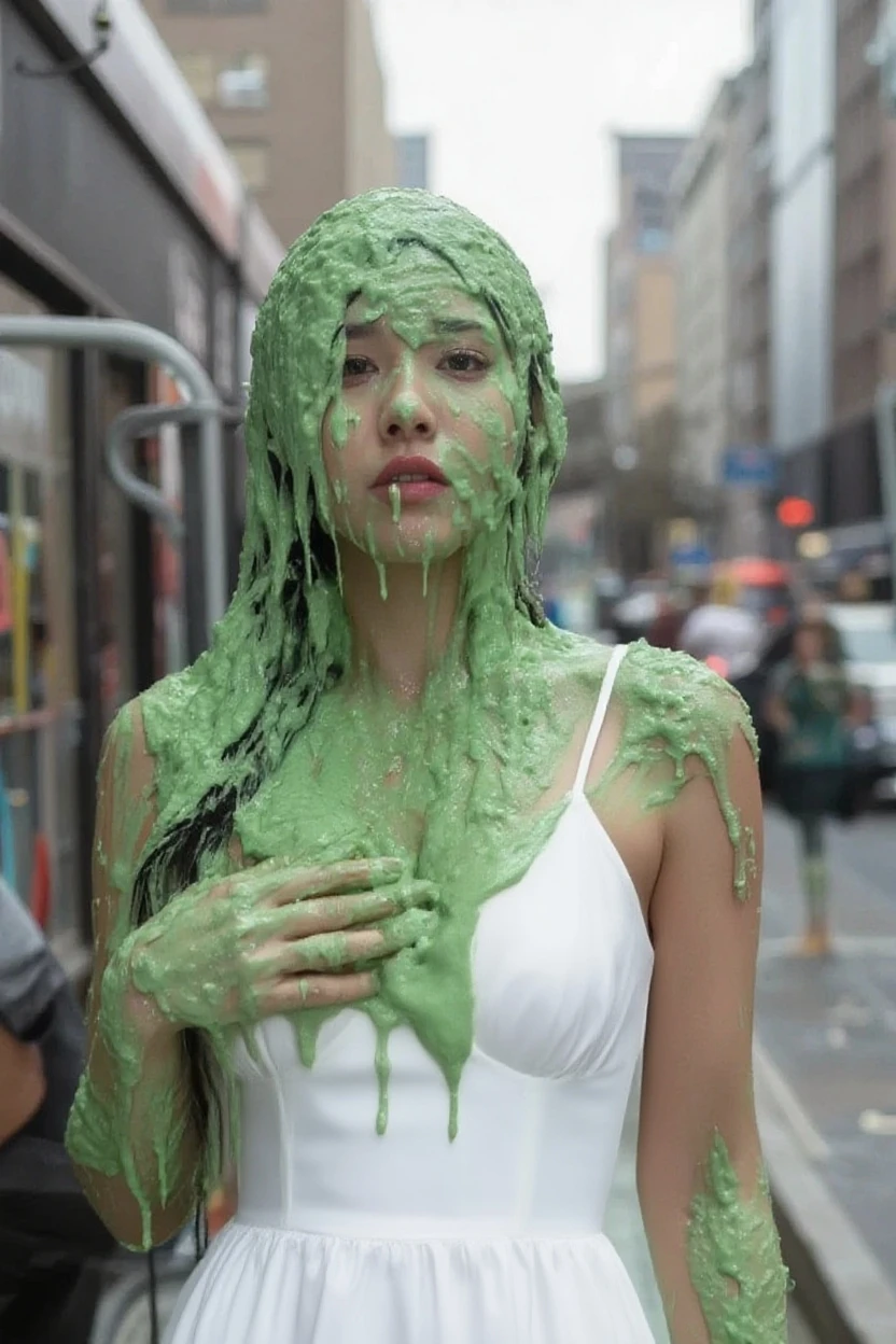 8k, hd, masterpiece, hyper realistic, super detailed, extreme realism, photo realistic, sharp focus, Canon50, (Asian bride moaning in pain: 1.9), Asian woman, wedding dress, (inside church: 1.9), crowded wedding church, beautiful face, delicate eyes, (wet slime dripping down head: 1.5)