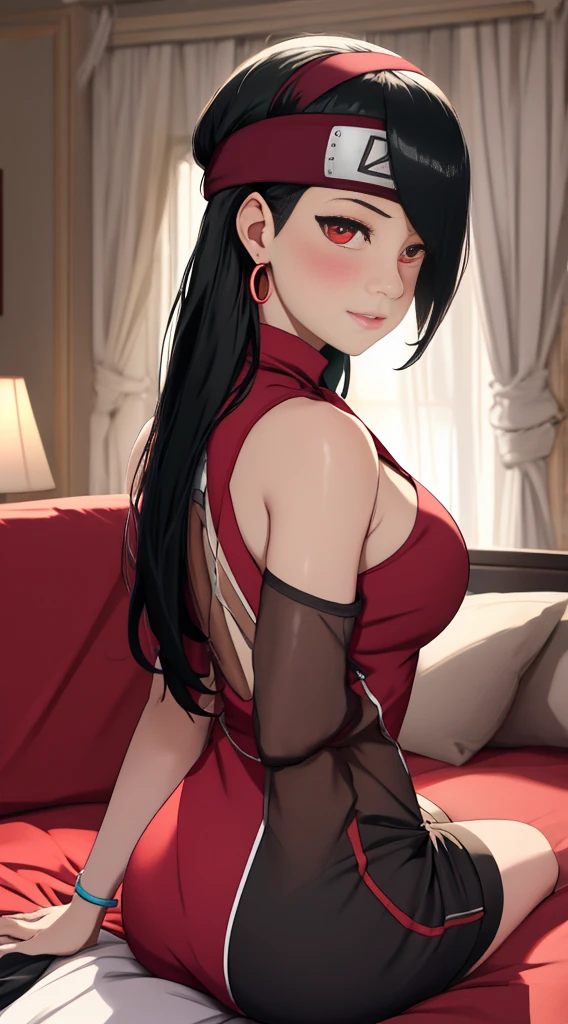 (((red sexy clothes mesh)))masterpiece, absurdres, hinata\(boruto\), 1girl, solo,mature female, off-shoulder crop top, looking at viewer, (falling petals), perfect composition, detailed lips, big breast, beautiful face, body propotion, blush, (pink lips), long hair, purple eyes, soft gaze, super realistic, detailed, photoshoot, realistic face and body, sexual expression, seductive expression,(very huge bare tits)(sexy red microdress )