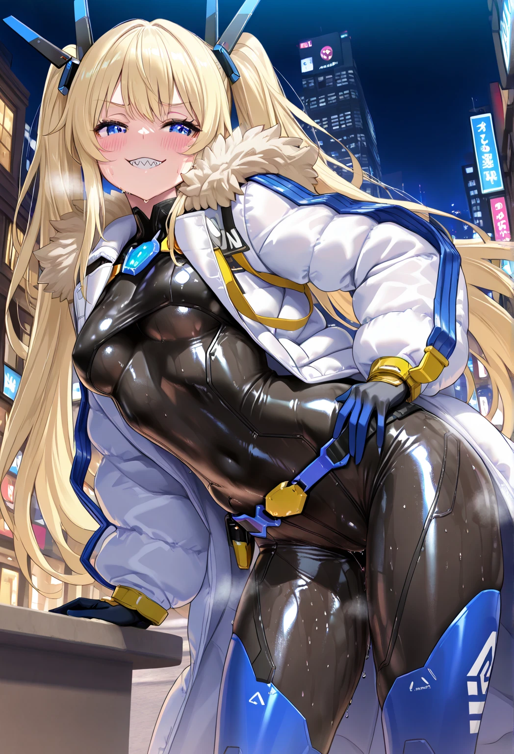 (1girl) standing on top of a man, man head between thighs,(((athletic))), twintails,white jacket huge breasts, thick thighs, evil smile, (pale skin), (((pov from below))), black bodysuit