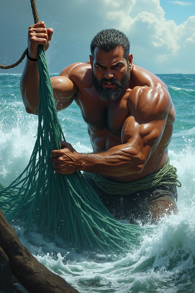 A ultra realistic photo of an insanely handsome hunky 30s sexy attractive hunk fisherman by the ocean, full body, very hairy body, big beefy man, ripped checkered, exposed hairy body, tanned, raunchy, toned body, beach, running, action shot, summer, sunny, soft lighting, muscular, extremely charming, kind smirk, dimple, fishing tools, boats, fish by Craig Mullins, Greg Rutkowski, painterly style, central composition, big nose, big hands, light brown hair, insanely handsome.