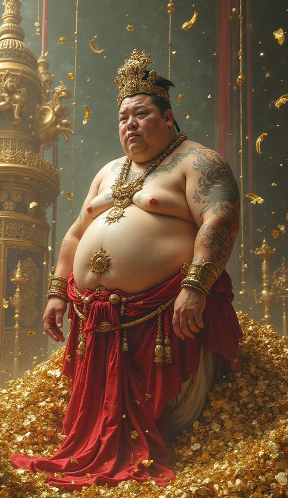 An obese person wearing gold sells fake amulets.