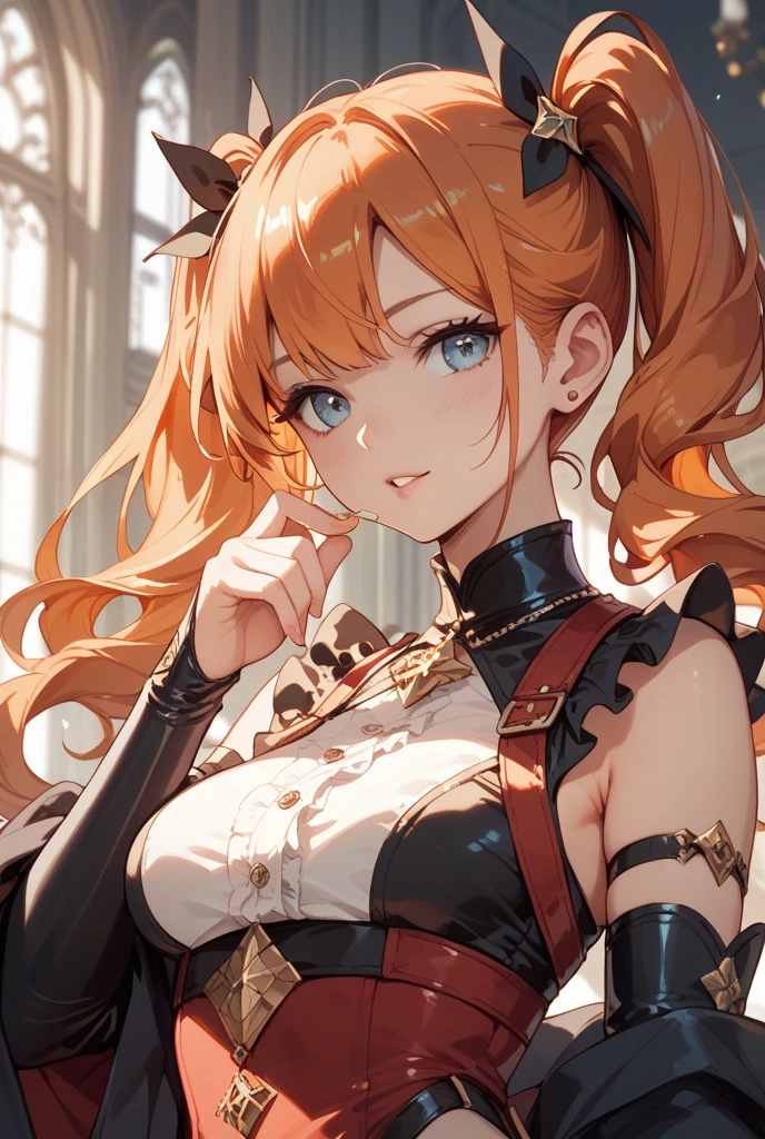 An anime girl with long orange hair, black eyes, and real bunny ears. (Masterpiece)  16 years 