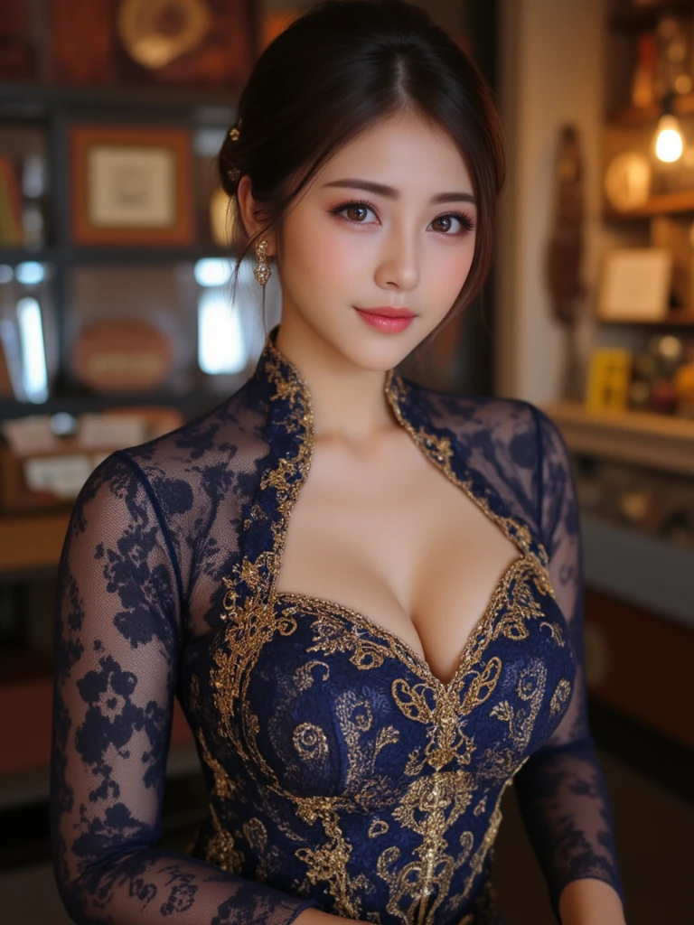 ((NSFW:1.3)), (8K, Best Quality:1.2), Warm smile, Seductive smile, (masutepiece:1.37), (Photo, Photorealistic:1.37), (Super high resilience body, Walking Pose, shot from front, ((Beautiful 30 years old Asian goddes))、A MILF、Beautiful women with sex appeal、A bewitching MILF、Sex appeal is amazing、in an obscene manner、Solo、looks like the queen of sweden、wearing blue and black a richly decorated veil、Wear it with voluminous full-length pieces embellished with embroidery and jewels.、wears gorgeous shiny jewelry、She wears a luxurious tiara that shines like a jewel, ((Pubic hair:1.2)), With a bewitching smile、Open the crotch、Showing cleavage, Looking at Viewer, (a temple background:1.2), arms crossed over the chest Photographed by Canan EOS R6, 135 mm, 1/1/2.8, ISO 400