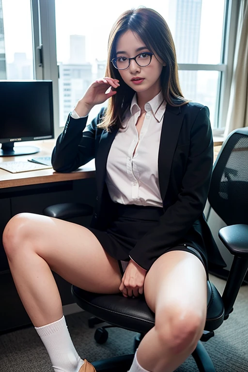 (masterpiece), best quality, expressive eyes, perfect face, a blond japanese girl, with short wavy hair, wearing black employee suit, white pants, black high heels leather shoes, glasses, flashing her tits on a desk