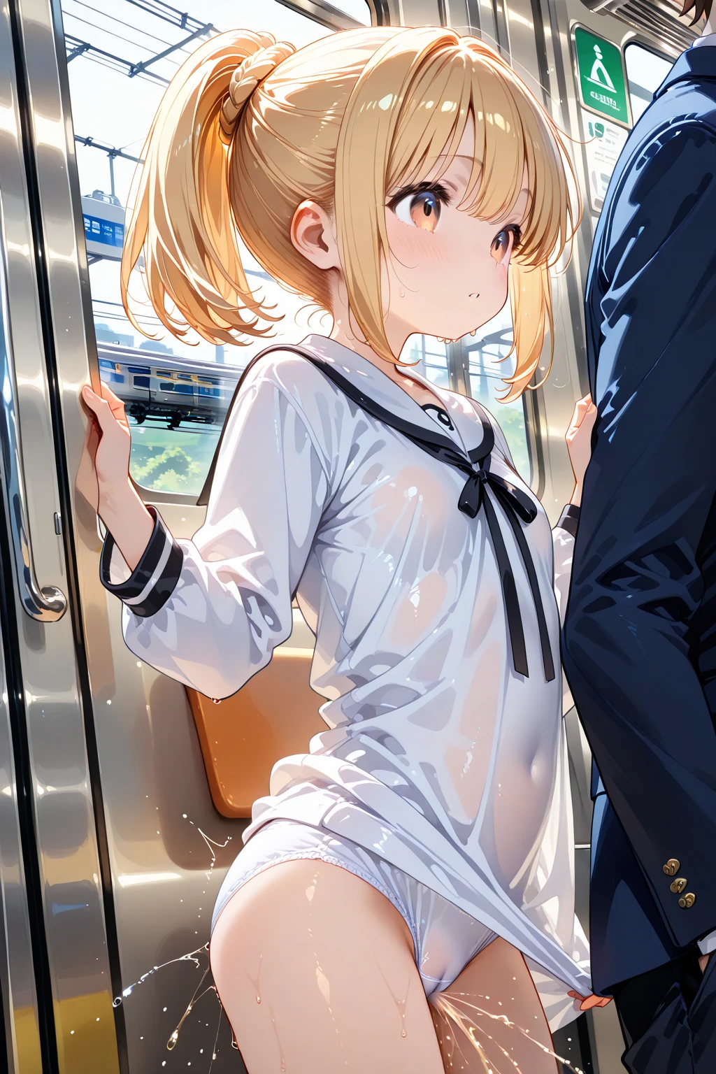 grasp、、(Schoolgirl in sailor suit)Grab your ass on a crowded train、pleatedskirt、a beauty girl1a person、((A man grabs a schoolgirl's ass))、(molesting)、Touching your buttocks on the bus、red blush、(((sexual act、erotick)))、((Skirt flipped up、I can see panties))、high-level image quality、realisitic、(((agony、embarassed expression)))、(((Being touched by multiple men、Touching the chest or crotch)))、grabbing on breasts(((On a crowded train)))、((Sperm))、(((Ejaculated in the ass)))、(((Sperm)))