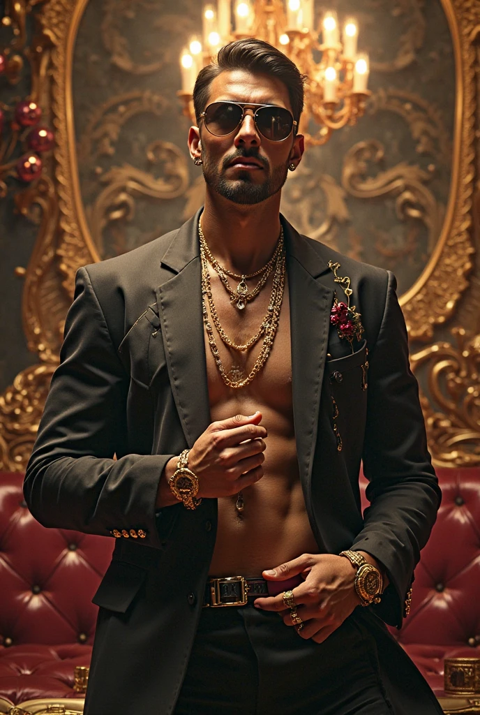 indian gangster leader, blood stain on chest, gold chain and gold earring, black suit, hands in pockets, bullet tattoo on chest, charming face, cunning smile, bulk muscular