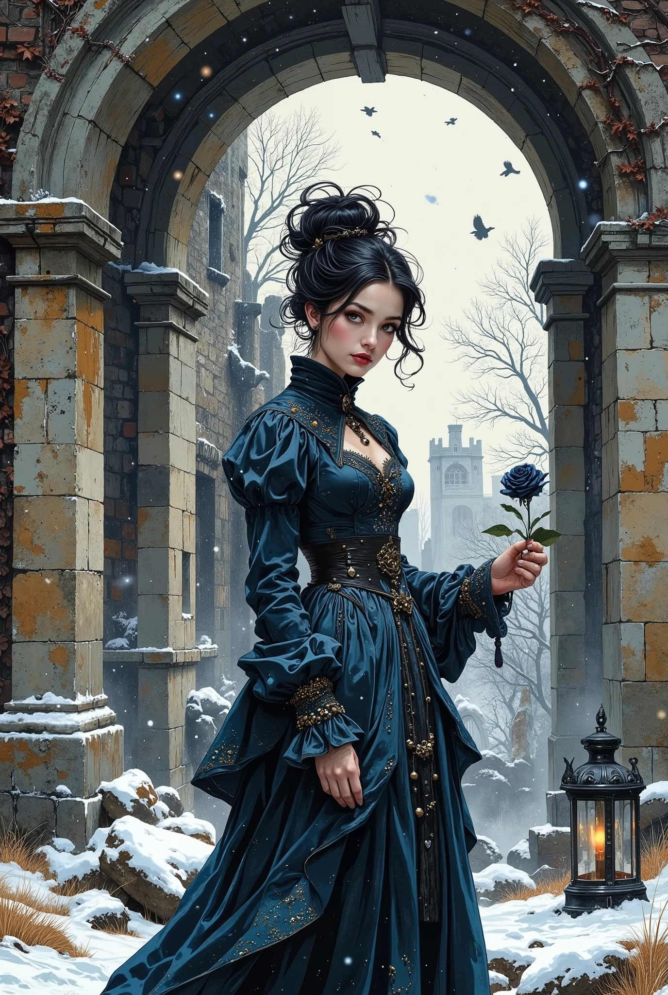 A young woman with black hair blown up in a gust of icy wind stood half-turned under the massive stone arch of a ruined estate, shackled by eternal cold. The arch is covered with frost and tenacious ivy. One of her hands is slightly raised, her fingers are clutching a withered black rose, the petals of which are falling down, mixing with the snow.On the ground at her feet is a broken antique lantern. Her black curls, some of which are gathered into an elegant half-loose chignon, frame her face with sharp, almost sculptural features.Her face is like a porcelain mask illuminated by cold light: high cheekbones honed by shadow, a nose with a barely noticeable bump, giving the profile a proud severity. The lips are slightly parted, as if frozen in mid—sentence, their dark wine shade contrasts with the deathly pallor of the skin.Wide, almond-shaped eyes framed by thick eyelashes, they burn with icy fire. The iris is a deep blue color, with golden sparks around the pupils. The look is intense, but fatigue lurks in the corners of the eyes. She is wearing a flowing dress in dusky blue tones. The fabric is heavy and flows in folds, emphasizing her fragile figure. A high velvet collar trimmed with silver embroidery frames her neck, and long sleeves, narrow at the wrists, are decorated with tarnished metal clasps. On her chest is a brooch in the form of a black crystal, shimmering like a frozen tear.There are misty ruins behind her, and in the distance, among the bare, twisted trees, a flock of ravens soars into the sky, leaving trails in the air like billowing smoke. Snow is falling. The light breaking through the clouds envelops her silhouette in a cold glow, snatching her face out of the darkness, creating a theatrical contrast. Colors: Deep midnight blue, funereal velvet, moonlight silver, icy blue, ashen black, deathly pale. Mood: Gothic elegance, romantic sorrow, eternal winter, ghostly beauty. Style: Cinematic drama, detailed elaboration.