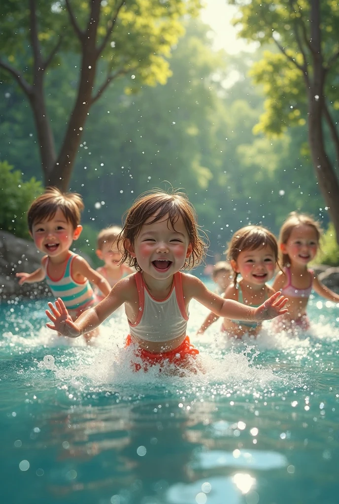 Children playing in a fountain in summer: A group of children run and jump through a fountain in a park, with laughter and drops of water captured in the air, reflecting the bright sun of a summer day.